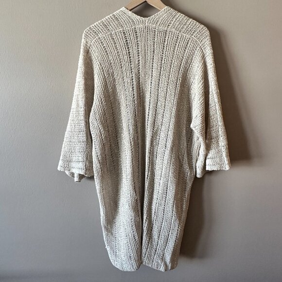 Women's M Eileen Fisher Duster Cardigan Sweater Beige Open Crochet Weave - Picture 3 of 9